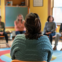 A circle of people seated on chairs in a warm, brightly lit room, engaging in a group therapy session Fachtag für Kess-Referent*innen