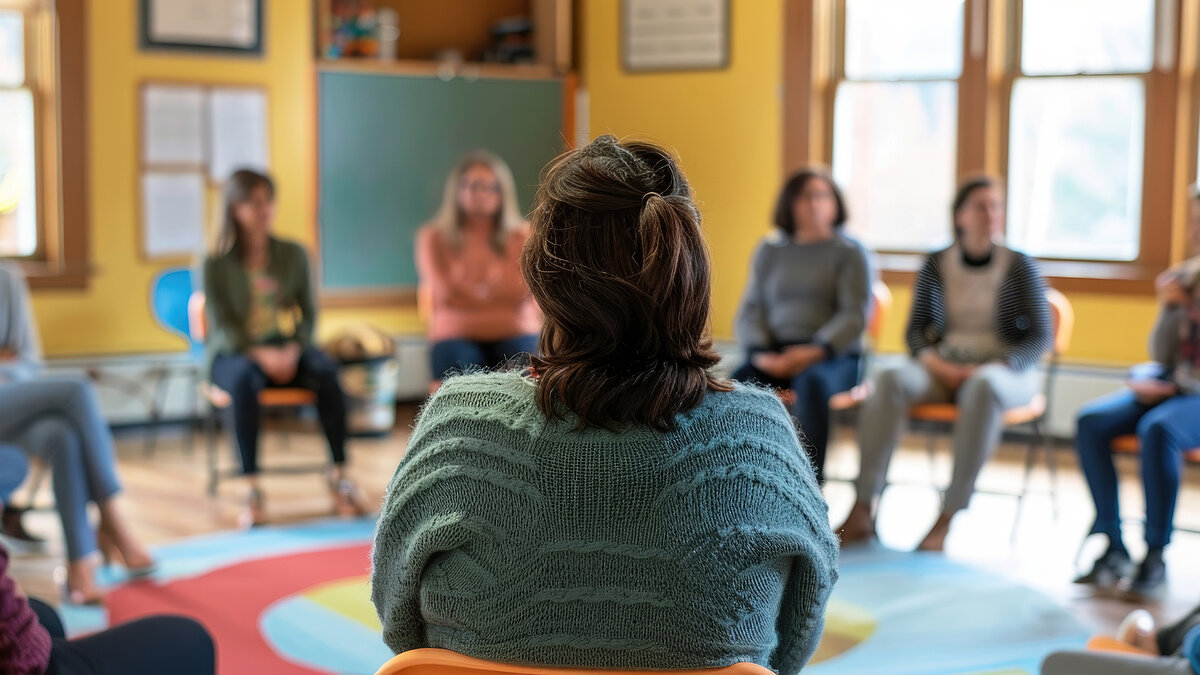 A circle of people seated on chairs in a warm, brightly lit room, engaging in a group therapy session Fachtag für Kess-Referent*innen